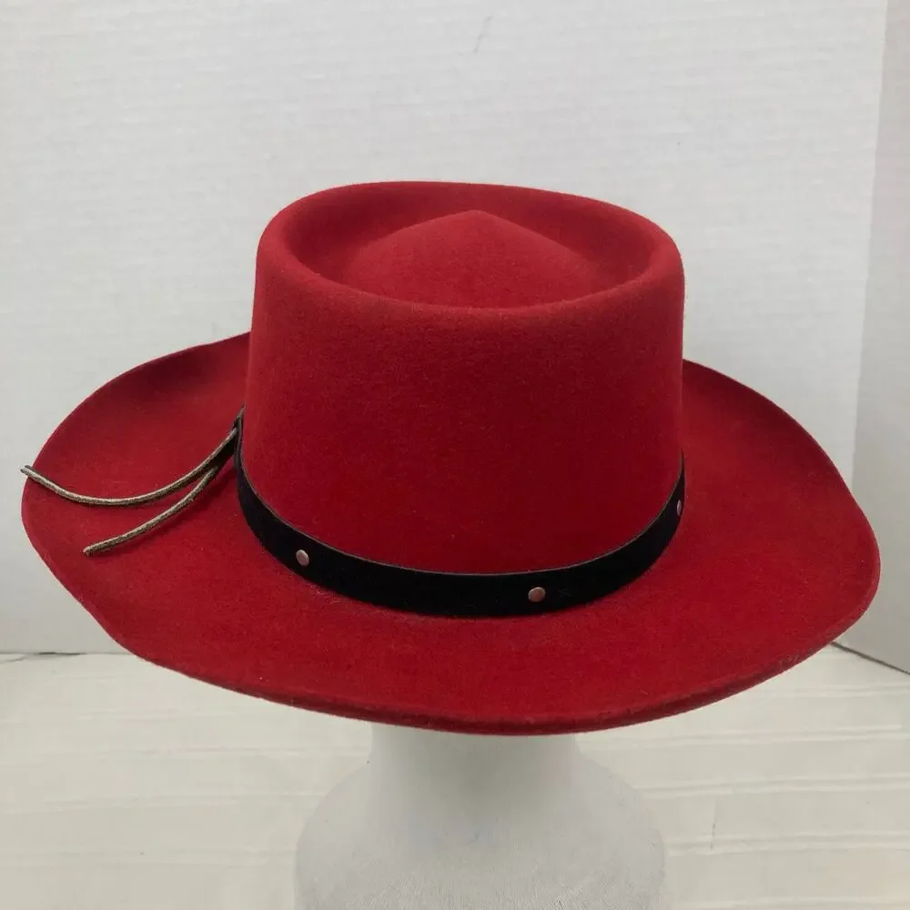 Sheplers Wool Felt Western Hat Unisex M Red Black Band Concho Gambler Style